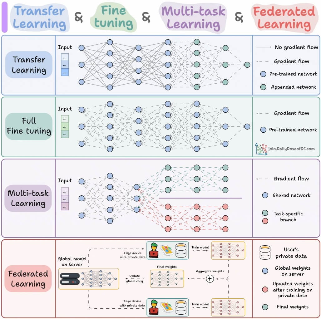 Transfer Learning, Fine-tuning, Multi-task Learning and Federated Learning